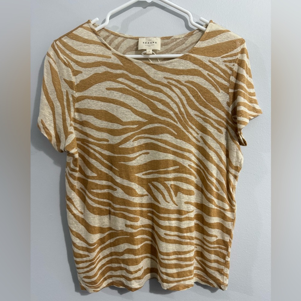 Sezane Linen Zebra Shirt Short Sleeve Womens Size S